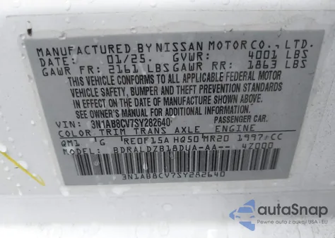 2025 Nissan Sentra Sv from USA, damaged, VIN 3N1AB8CV7SY282640